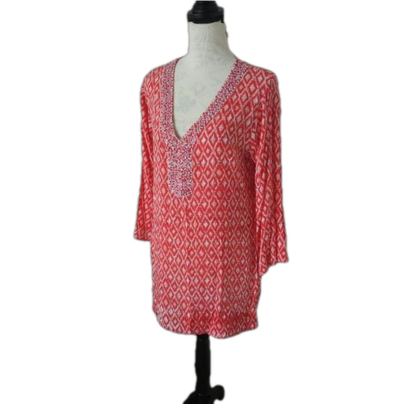 🏝Beach wear red cover up tunic beaded size small - Picture 2 of 5
